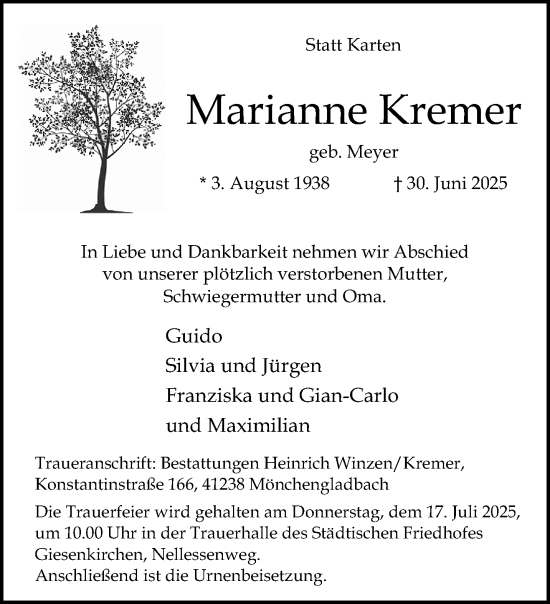 Traueranzeige von Marianne Kremer von trauer.extra-tipp-moenchengladbach.de