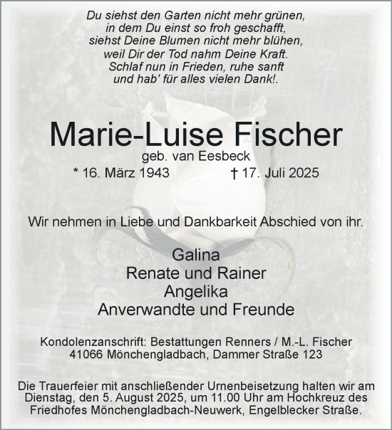 Traueranzeige von Marie-Luise Fischer von trauer.extra-tipp-moenchengladbach.de