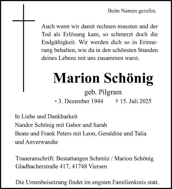 Traueranzeige von Marion Schönig von trauer.extra-tipp-moenchengladbach.de