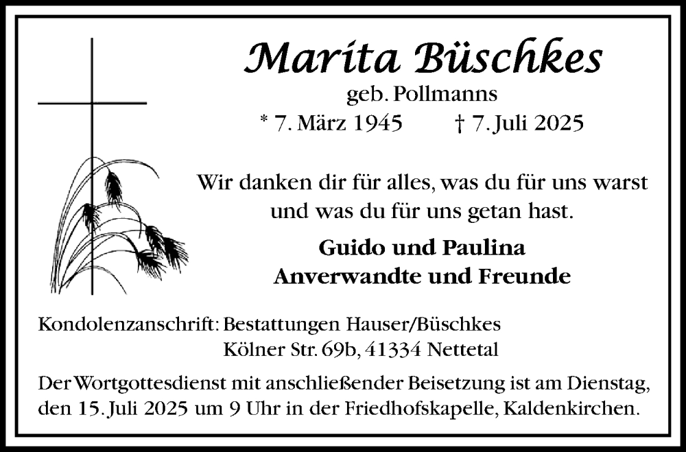  Traueranzeige für Marita Büschkes vom 13.07.2025 aus trauer.extra-tipp-moenchengladbach.de