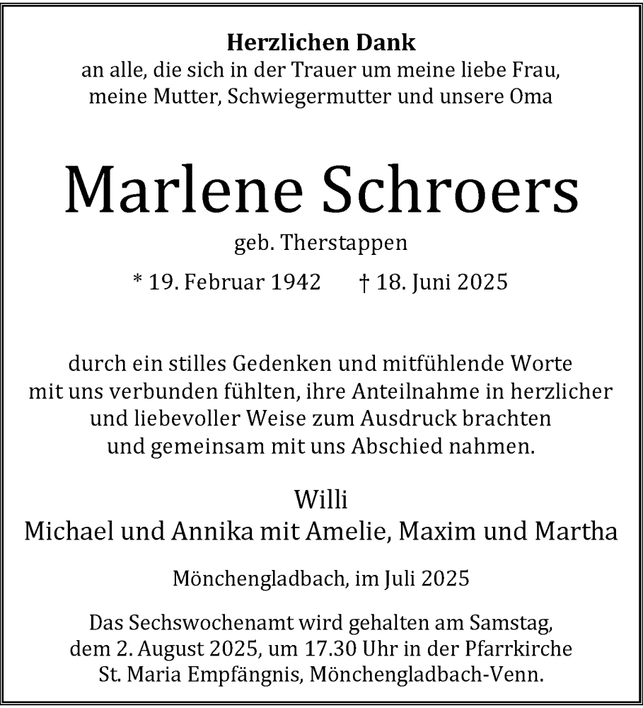  Traueranzeige für Marlene Schroers vom 27.07.2025 aus trauer.extra-tipp-moenchengladbach.de