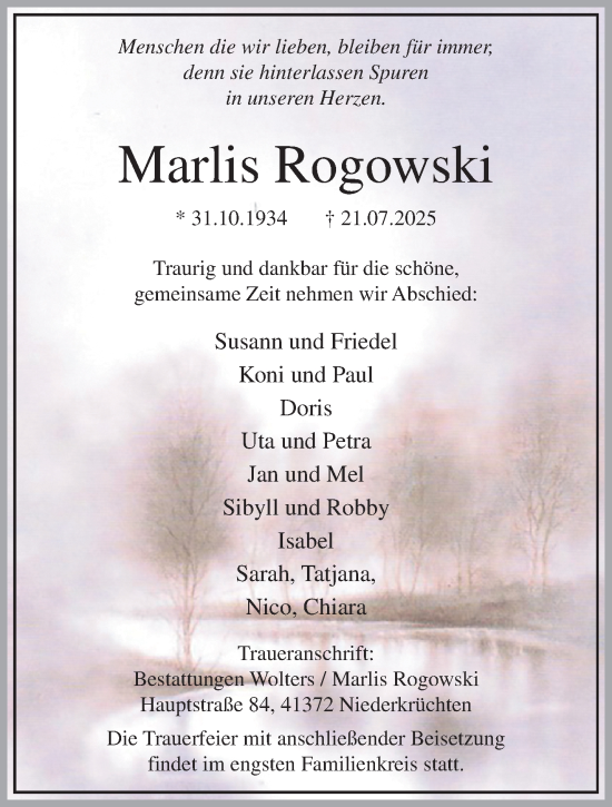 Traueranzeige von Marlis Rogowski von trauer.extra-tipp-moenchengladbach.de
