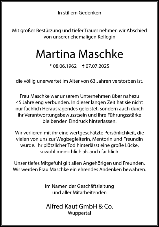 Traueranzeige von Martina Maschke von trauer.wuppertaler-rundschau.de
