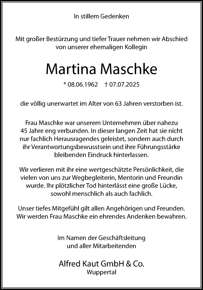  Traueranzeige für Martina Maschke vom 26.07.2025 aus trauer.wuppertaler-rundschau.de