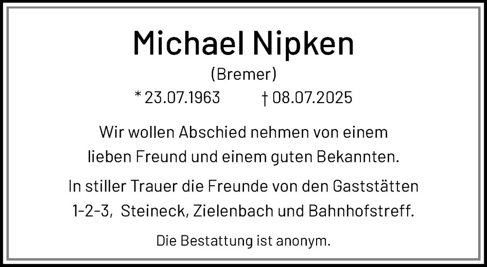  Traueranzeige für Michael Nipken vom 13.07.2025 aus trauer.extra-tipp-moenchengladbach.de