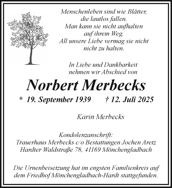 Traueranzeige von Norbert Merbecks von trauer.extra-tipp-moenchengladbach.de
