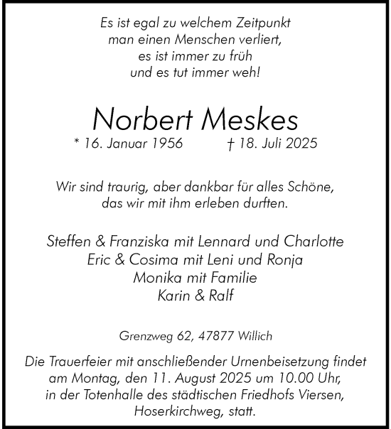 Traueranzeige von Norbert Meskes von trauer.extra-tipp-moenchengladbach.de