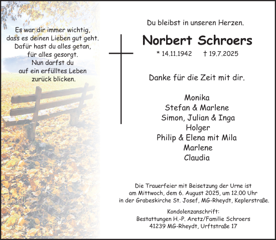 Traueranzeige von Norbert Schroers von trauer.extra-tipp-moenchengladbach.de