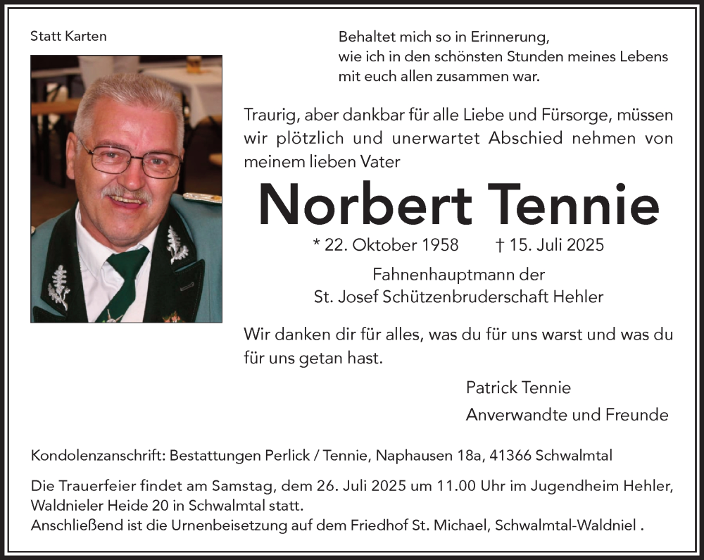  Traueranzeige für Norbert Tennie vom 20.07.2025 aus trauer.extra-tipp-moenchengladbach.de