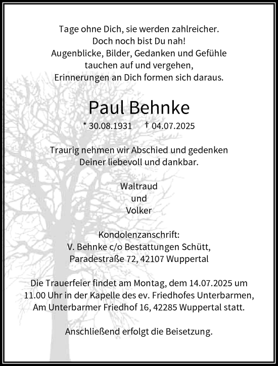 Traueranzeige von Paul Behnke von trauer.wuppertaler-rundschau.de
