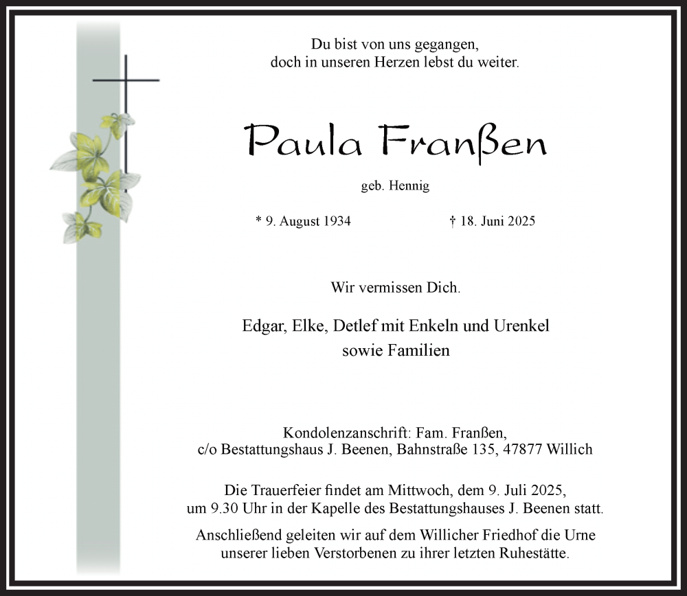  Traueranzeige für Paula Franßen vom 06.07.2025 aus trauer.extra-tipp-moenchengladbach.de
