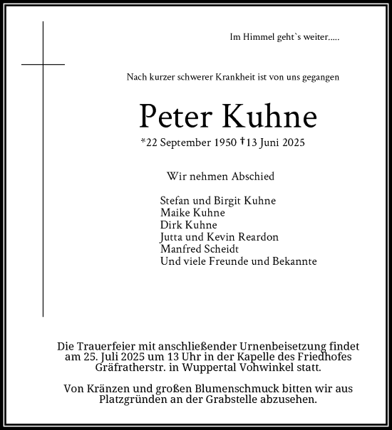 Traueranzeige von Peter Kuhne von trauer.wuppertaler-rundschau.de