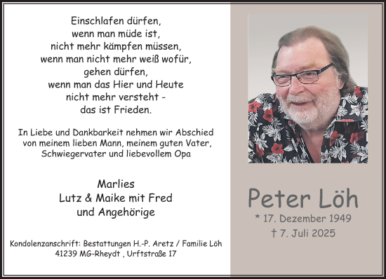 Traueranzeige von Peter Löh von trauer.extra-tipp-moenchengladbach.de