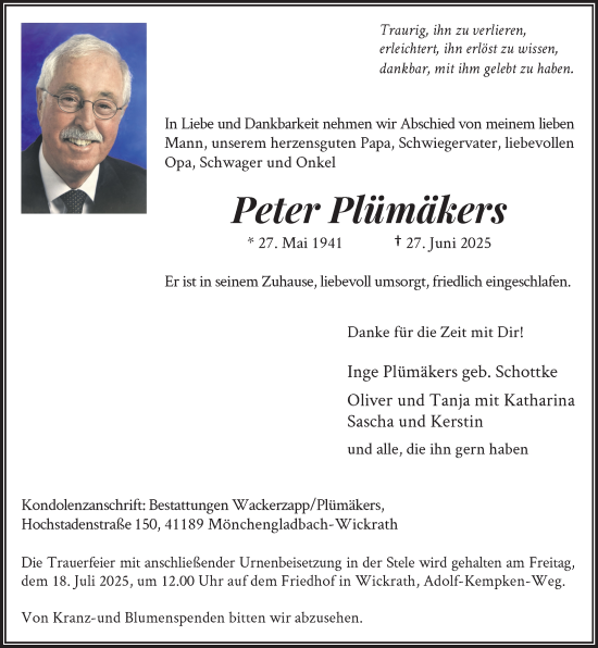 Traueranzeige von Peter Plümäkers von trauer.extra-tipp-moenchengladbach.de