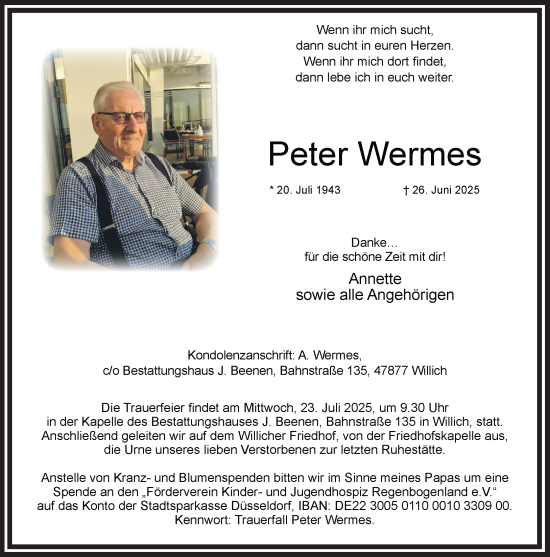 Traueranzeige von Peter Wermes von trauer.extra-tipp-moenchengladbach.de