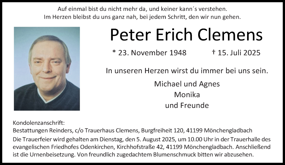  Traueranzeige für Peter Erich Clemens vom 27.07.2025 aus trauer.extra-tipp-moenchengladbach.de