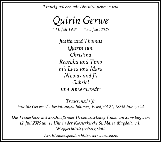 Traueranzeige von Quirin Gerwe von trauer.wuppertaler-rundschau.de