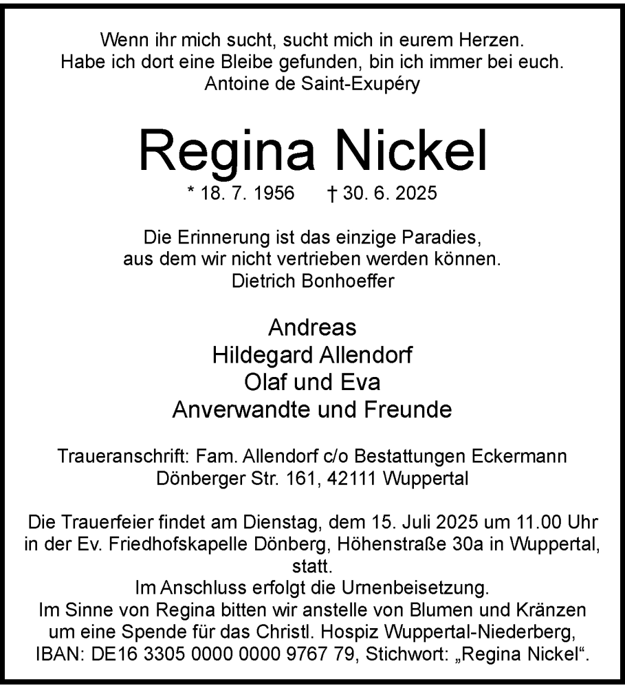  Traueranzeige für Regina Nickel vom 05.07.2025 aus trauer.wuppertaler-rundschau.de