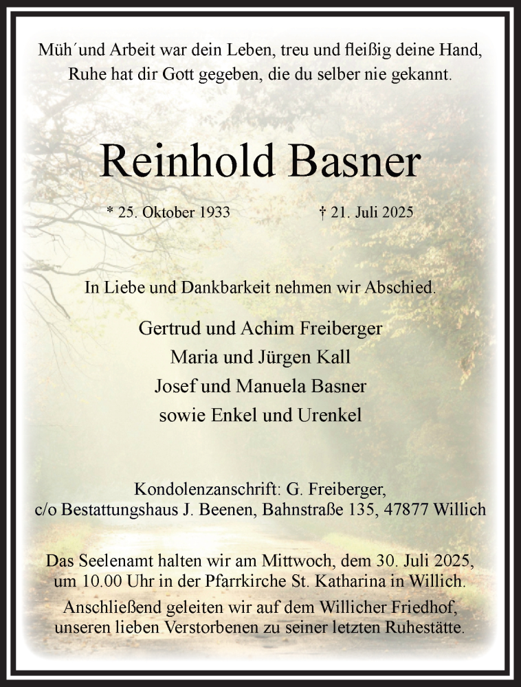 Traueranzeige für Reinhold Basner vom 27.07.2025 aus trauer.extra-tipp-moenchengladbach.de