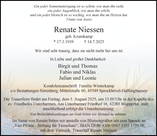 Traueranzeige von Renate Niessen von trauer.wuppertaler-rundschau.de