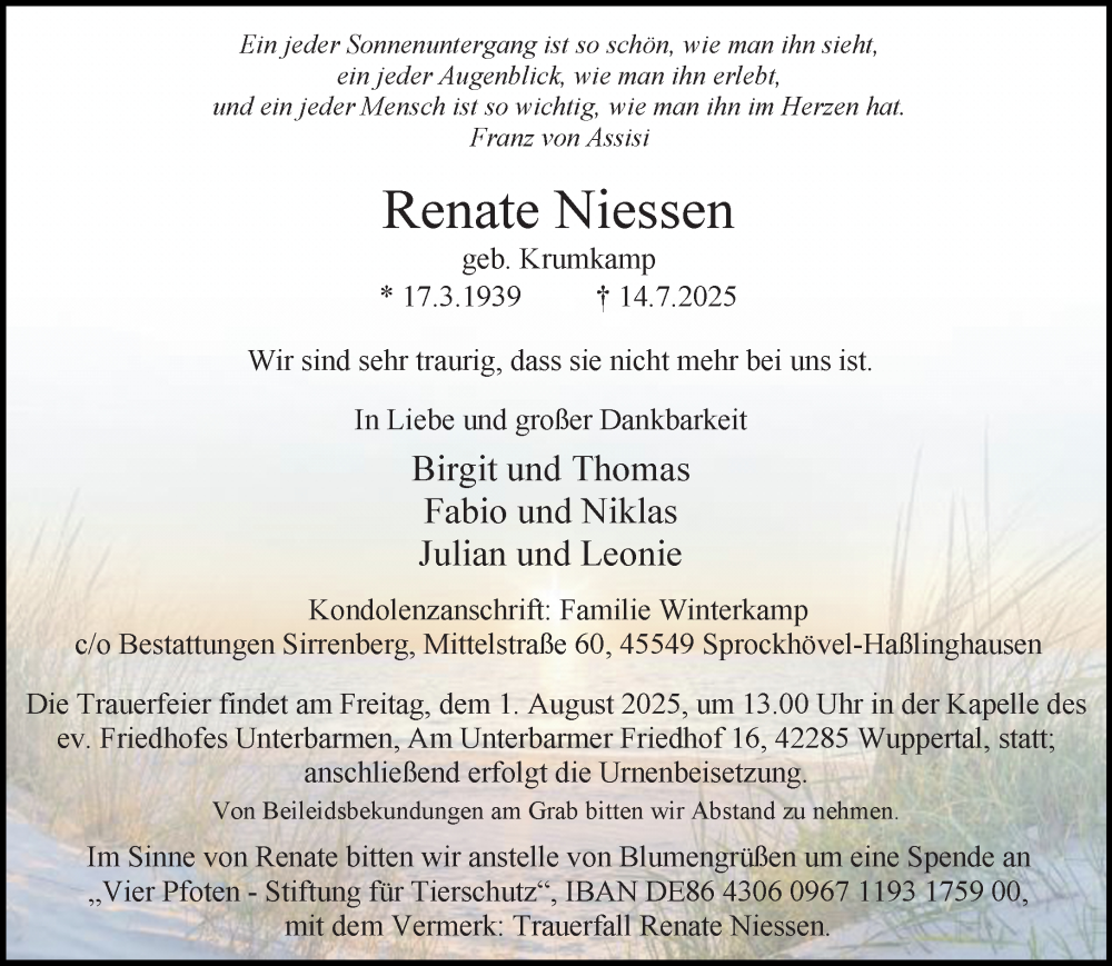  Traueranzeige für Renate Niessen vom 26.07.2025 aus trauer.wuppertaler-rundschau.de