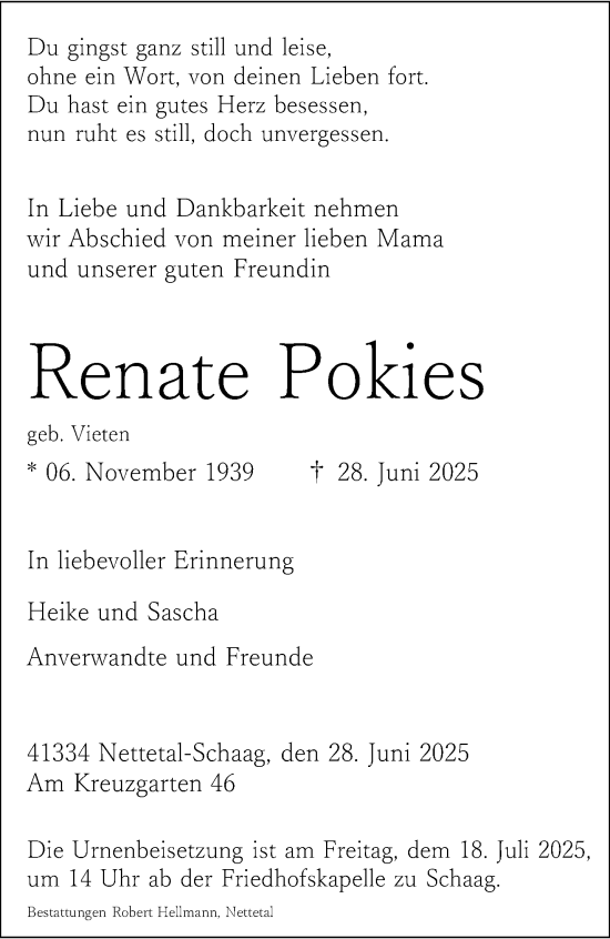 Traueranzeige von Renate Pokies von trauer.extra-tipp-moenchengladbach.de