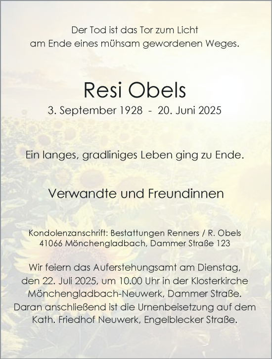 Traueranzeige von Resi Obels von trauer.extra-tipp-moenchengladbach.de