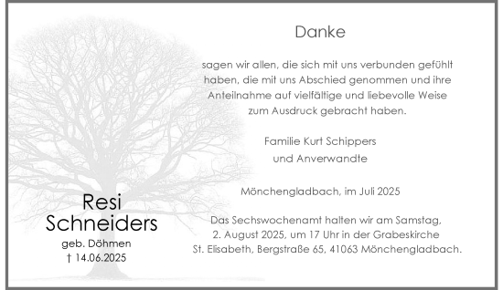 Traueranzeige von Resi Schneiders von trauer.extra-tipp-moenchengladbach.de