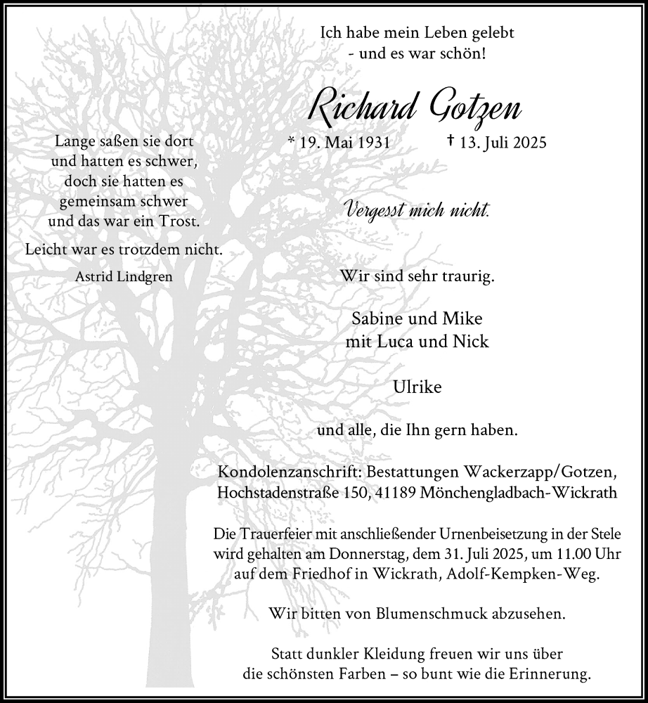  Traueranzeige für Richard Gotzen vom 27.07.2025 aus trauer.extra-tipp-moenchengladbach.de