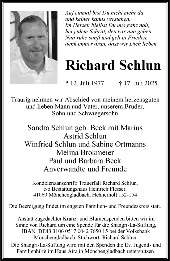 Traueranzeige von Richard Schlun von trauer.extra-tipp-moenchengladbach.de