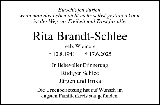 Traueranzeige von Rita Brandt-Schlee von trauer.extra-tipp-moenchengladbach.de