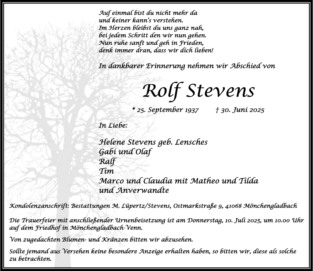  Traueranzeige für Rolf Stevens vom 06.07.2025 aus trauer.extra-tipp-moenchengladbach.de