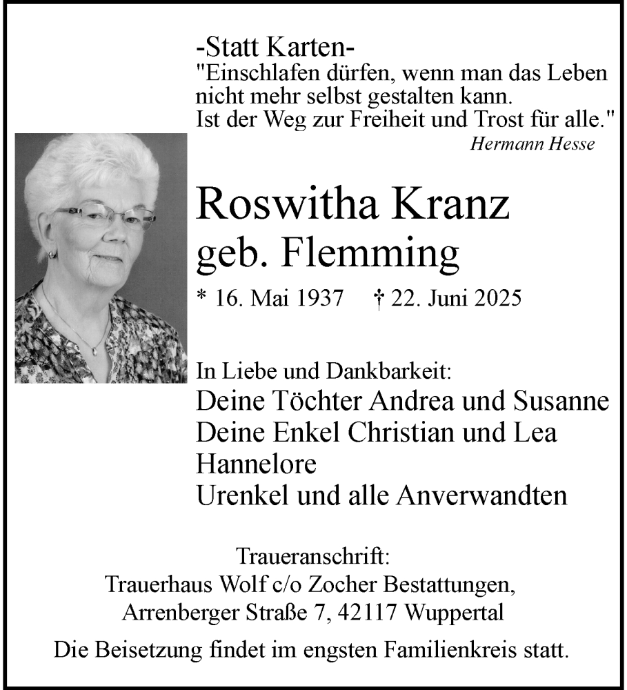  Traueranzeige für Roswitha Kranz vom 05.07.2025 aus trauer.wuppertaler-rundschau.de