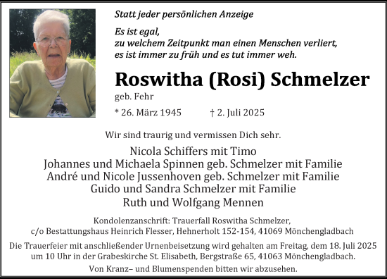 Traueranzeige von Roswitha Schmelzer von trauer.extra-tipp-moenchengladbach.de