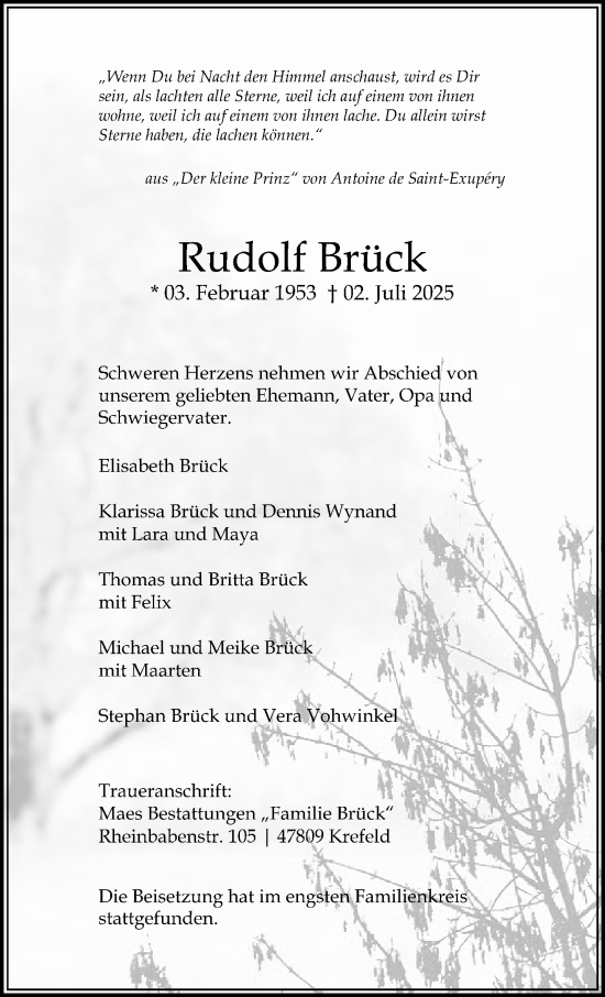 Traueranzeige von Rudolf Brück von trauer.extra-tipp-moenchengladbach.de