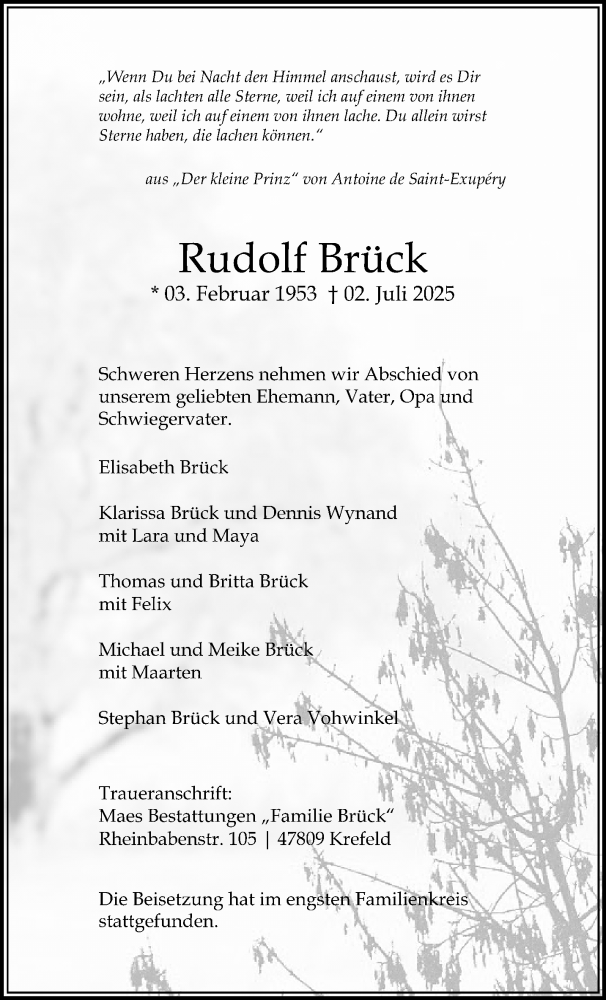  Traueranzeige für Rudolf Brück vom 20.07.2025 aus trauer.extra-tipp-moenchengladbach.de