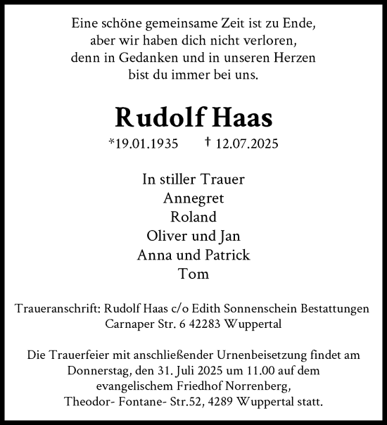 Traueranzeige von Rudolf Haas von trauer.wuppertaler-rundschau.de