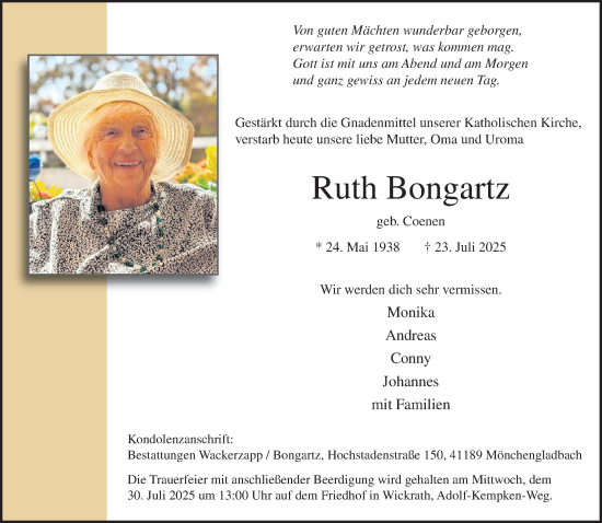 Traueranzeige von Ruth Bongartz von trauer.extra-tipp-moenchengladbach.de