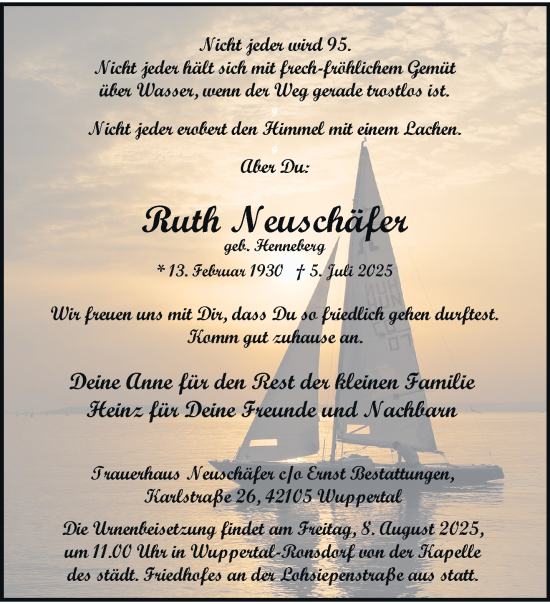 Traueranzeige von Ruth Neuschäfer von trauer.wuppertaler-rundschau.de