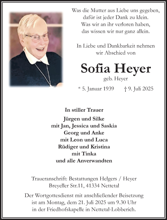 Traueranzeige von Sofia Heyer von trauer.extra-tipp-moenchengladbach.de