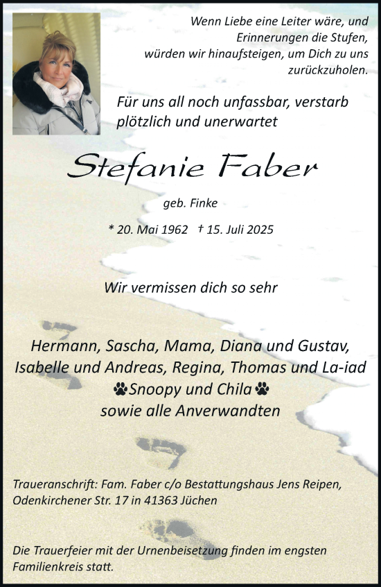 Traueranzeige von Stefanie Faber von trauer.stadt-kurier.de