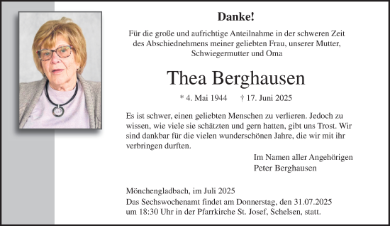 Traueranzeige von Thea Berghausen von trauer.extra-tipp-moenchengladbach.de