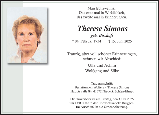 Traueranzeige von Therese Simons von trauer.extra-tipp-moenchengladbach.de