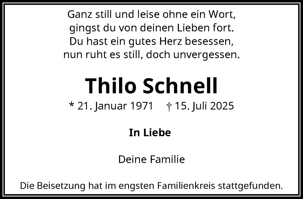  Traueranzeige für Thilo Schnell vom 26.07.2025 aus trauer.wuppertaler-rundschau.de
