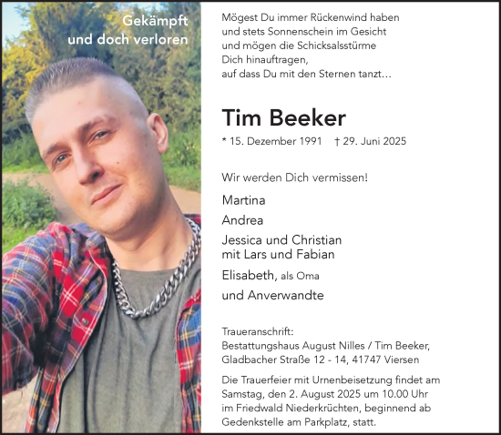 Traueranzeige von Tim Beeker von trauer.extra-tipp-moenchengladbach.de