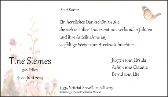 Traueranzeige von Tine Siemes von trauer.extra-tipp-moenchengladbach.de