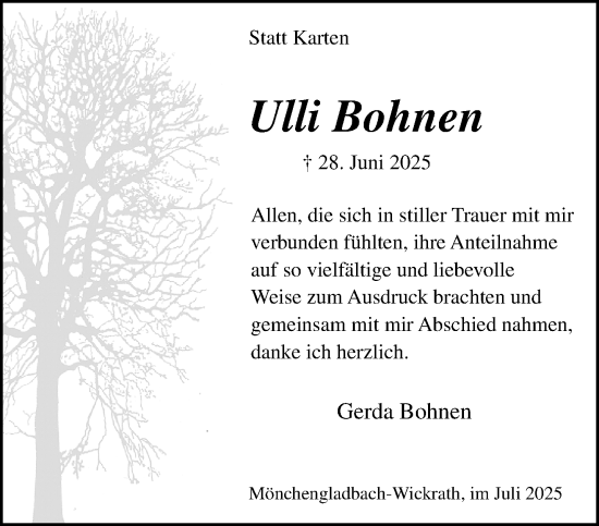 Traueranzeige von Ulli Bohnen von trauer.extra-tipp-moenchengladbach.de