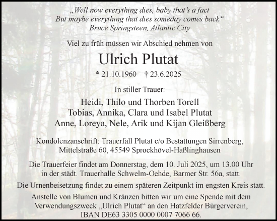 Traueranzeige von Ulrich Plutat von trauer.wuppertaler-rundschau.de