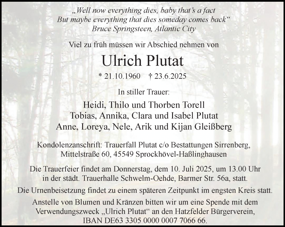  Traueranzeige für Ulrich Plutat vom 05.07.2025 aus trauer.wuppertaler-rundschau.de