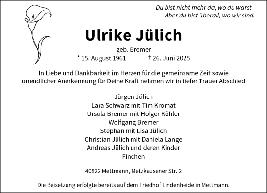Traueranzeige von Ulrike Jülich von trauer.duesseldorfer-anzeiger.de